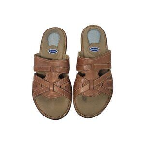 Dr Scholls Sandals Women's 7.5 Brown Leather Wedge Gel Pac Heel Peep Toe Shoes